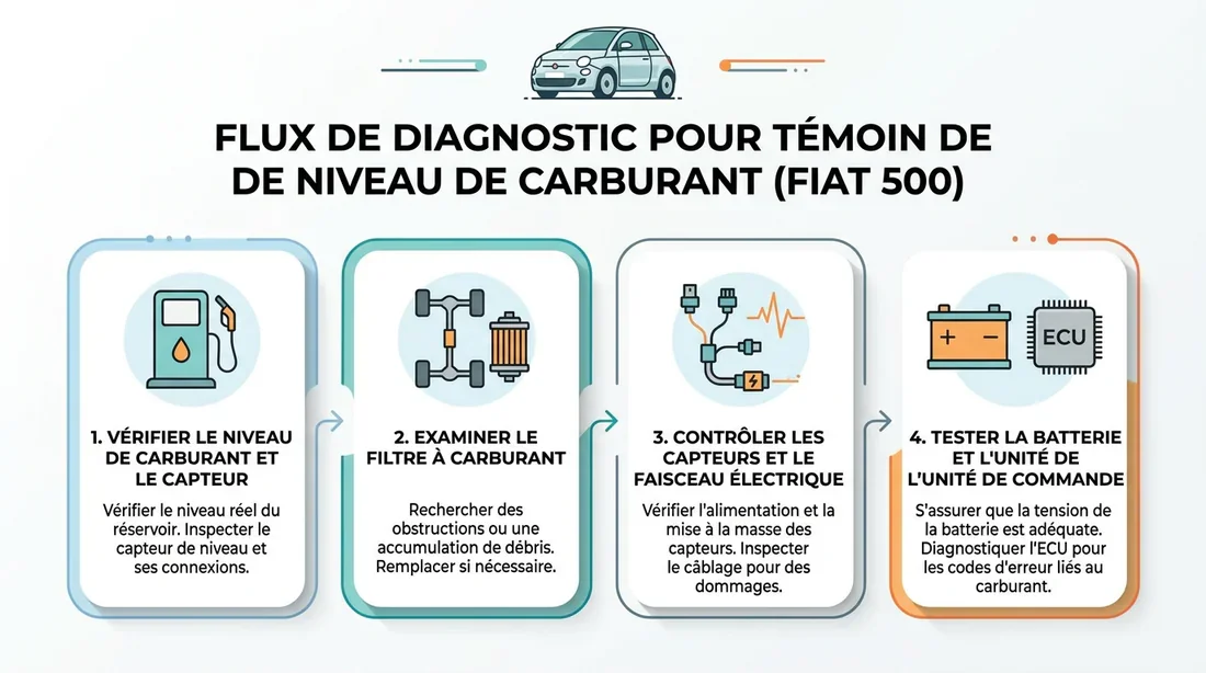 Schéma de diagnostic voyant Fiat 500 Infographie résumant les étapes de diagnostic du voyant carburant Fiat 500