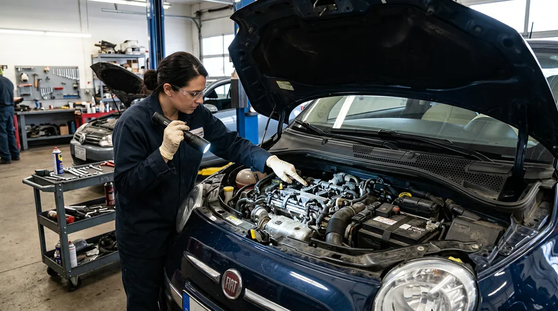 Vérification du système d'injection Fiat 500 Inspection du moteur et du système d'injection d'une Fiat 500 au garage