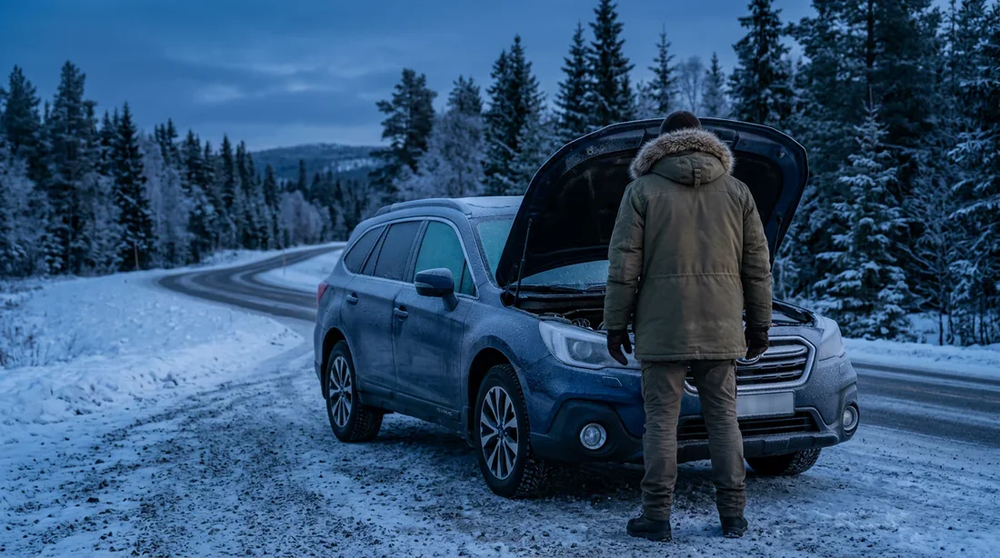 Automobiliste en manteau hivernal inspectant le moteur de sa voiture givrée par un matin froid