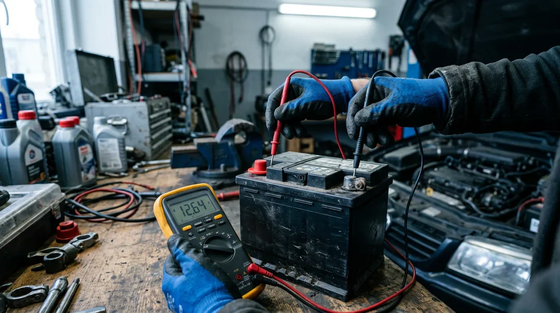 Vérification de la tension d'une batterie de voiture avec un multimètre