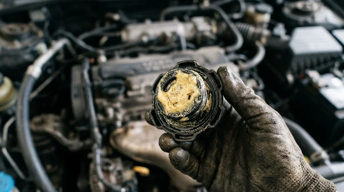 Bouchon d'huile moteur avec dépôt de mayonnaise jaunâtre