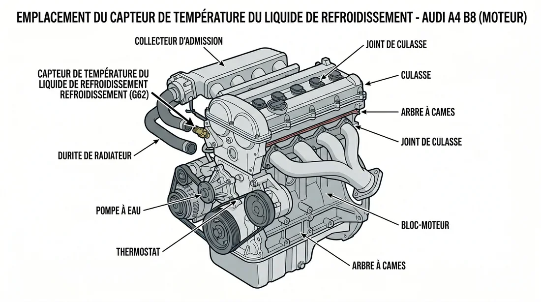 Schéma technique montrant l'emplacement de la sonde sur le moteur