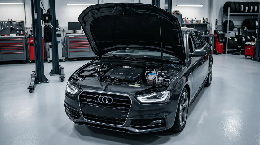 Vue de face d'une Audi A4 B8 avec le capot ouvert dans un atelier