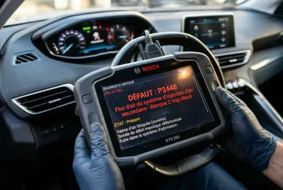 Écran de valise de diagnostic affichant le code défaut P2448 sur une Peugeot