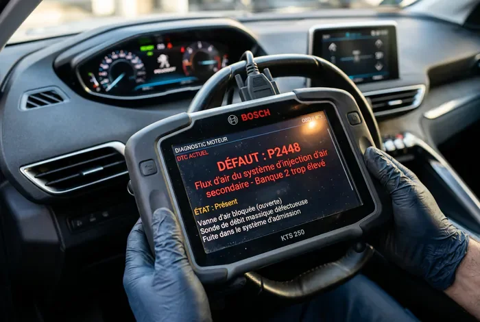 Écran de valise de diagnostic affichant le code défaut P2448 sur une Peugeot