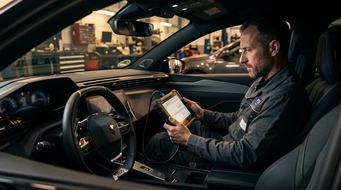 Mécanicien réalisant un diagnostic OBD sur une voiture Peugeot avec une valise professionnelle