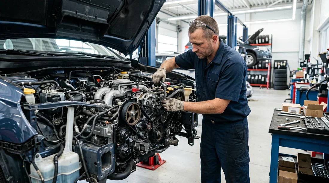 Intervention mécanique de réparation moteur dans un garage automobile