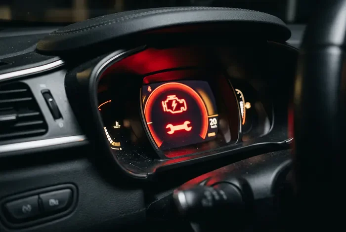 Tableau de bord Renault avec message rouge alerte risque casse moteur