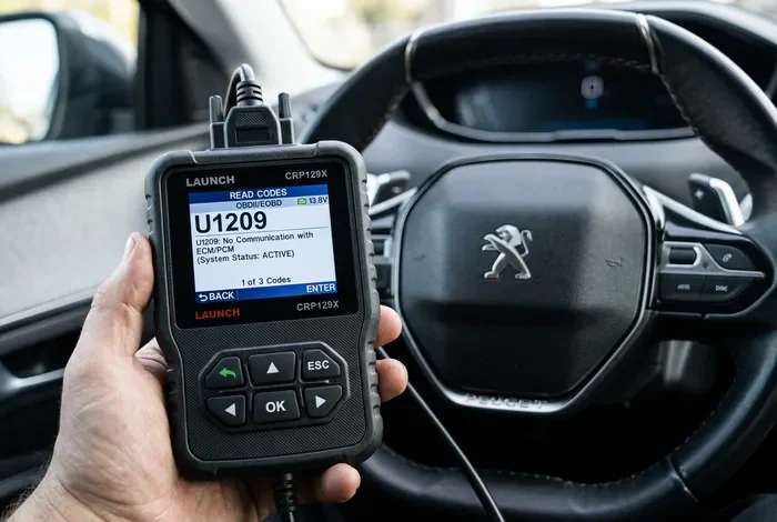 Écran de lecteur OBD2 affichant le code défaut U1209 pour Peugeot