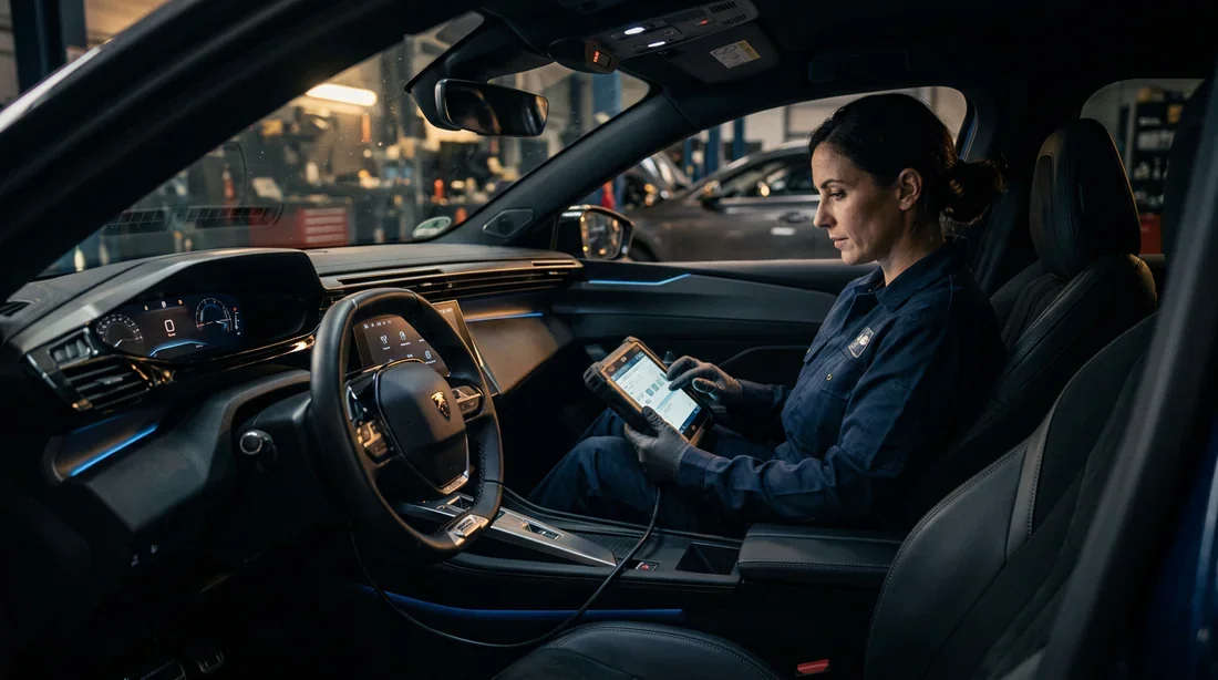 Diagnostic électronique Peugeot avec valise de contrôle Mécanicien utilisant une valise de diagnostic électronique dans l'habitacle d'une Peugeot moderne