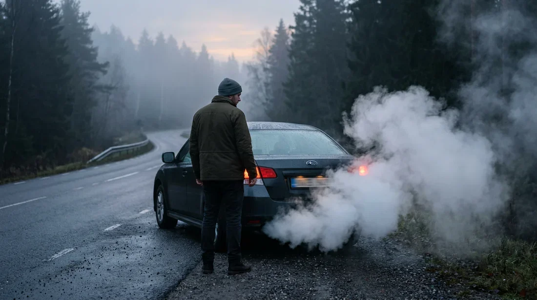 Voiture en panne avec fumée blanche à l'échappement Conducteur inquiet devant sa voiture dégageant une épaisse fumée blanche au pot d'échappement