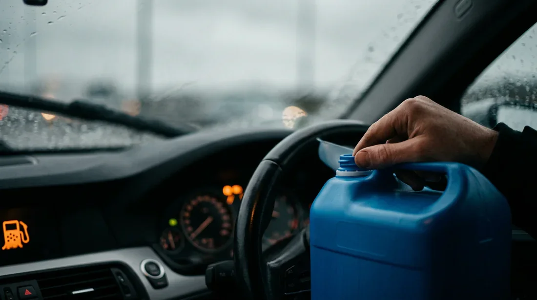 Conducteur remplissant le réservoir AdBlue de sa voiture avec un voyant orange allumé
