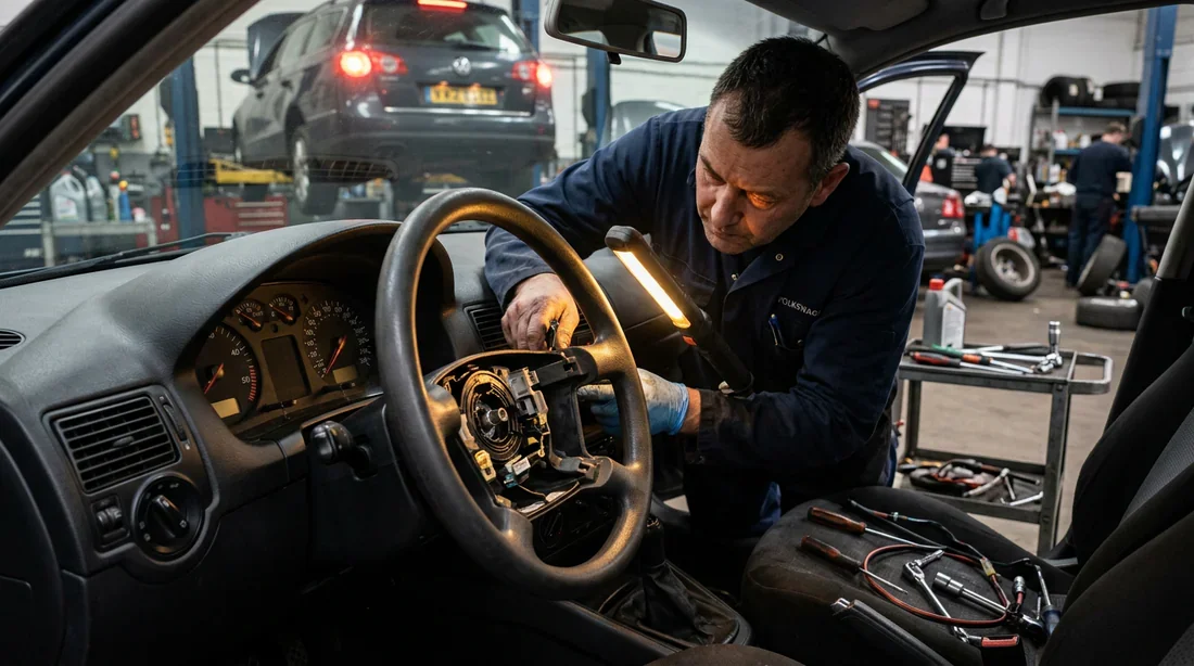 Inspection du capteur d'angle de braquage sous le volant d'une Golf 4