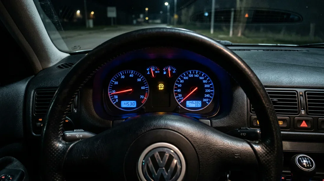 Tableau de bord rétroéclairé bleu et rouge d'une Volkswagen Golf 4 avec voyant ESP allumé