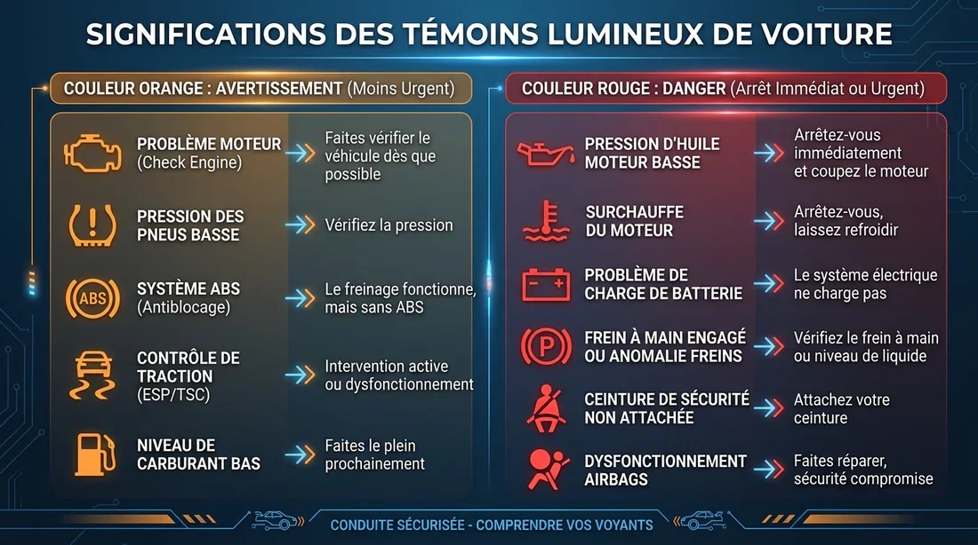 Signification des voyants de tableau de bord Schéma explicatif des couleurs des voyants de voiture