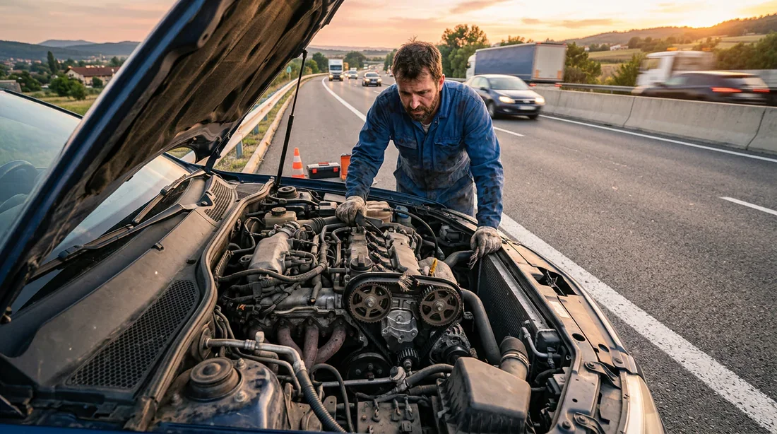 Mécanicien devant un moteur en panne avec une courroie de distribution cassée au bord de la route