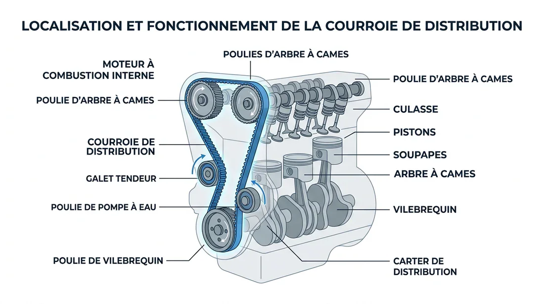 Schéma technique montrant l'emplacement de la courroie de distribution dans un moteur