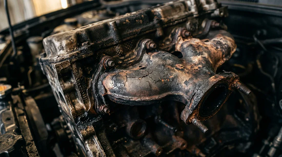 Détail d'une pièce moteur endommagée par la surchauffe