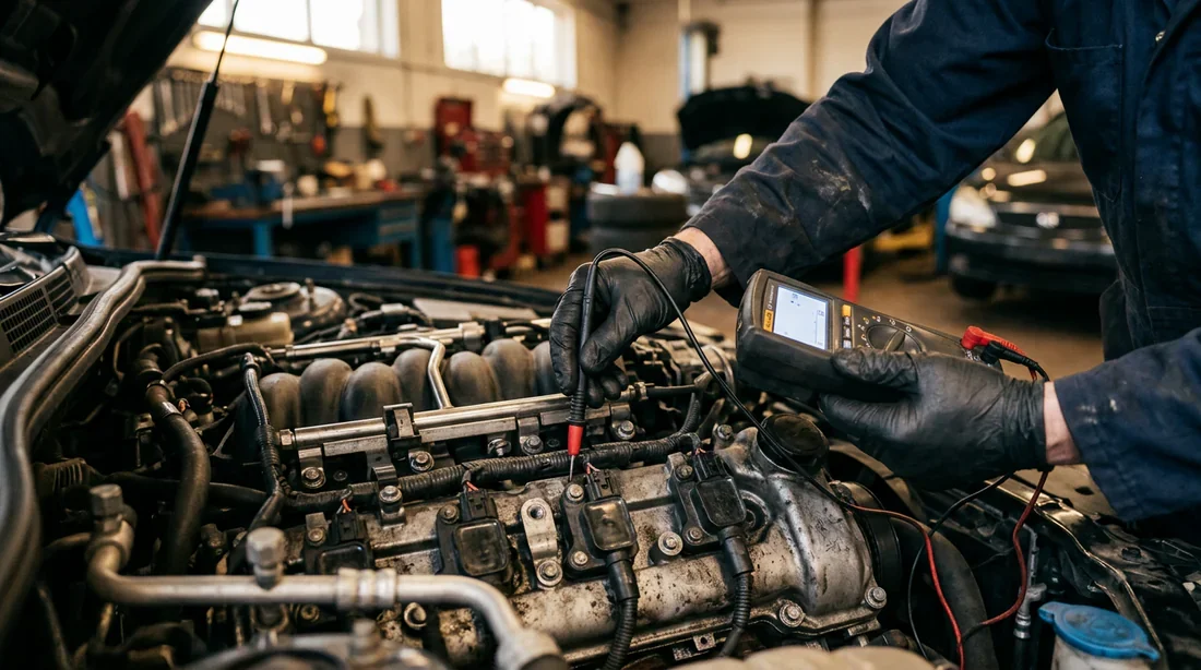 Mécanicien utilisant des outils de diagnostic sur un moteur
