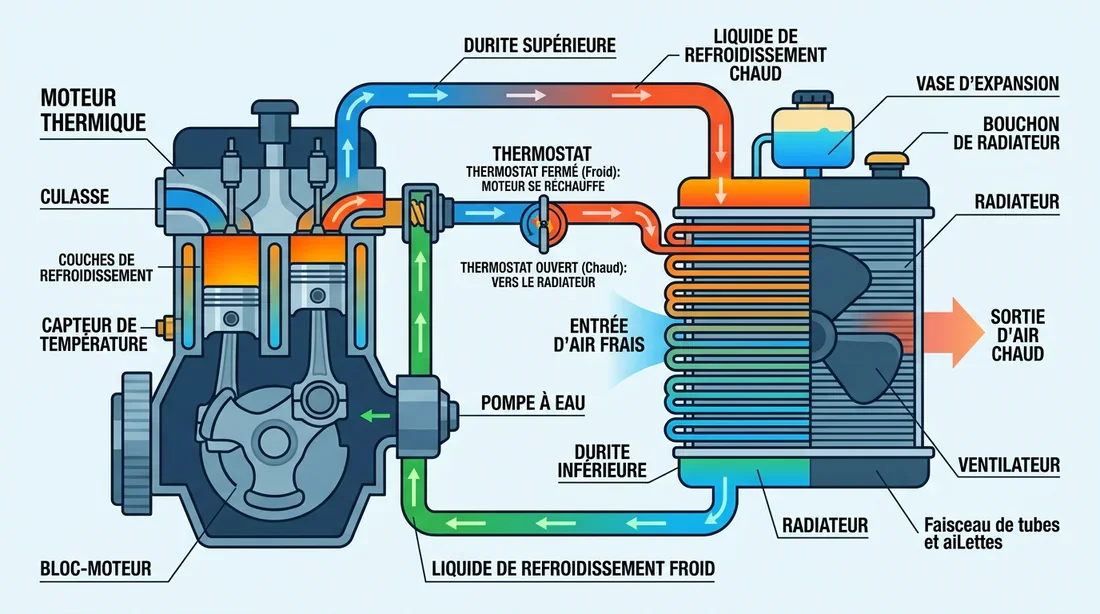 Schéma explicatif du système de refroidissement moteur