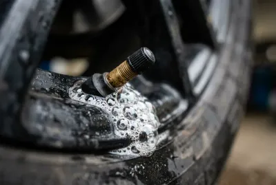 Gros plan sur une valve de pneu avec des bulles de savon