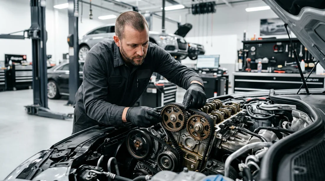 Mécanicien professionnel installant une nouvelle courroie de distribution sur un moteur