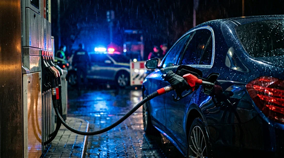 Pistolet de pompe à essence remplissant un réservoir avec un gyrophare de douane en arrière-plan