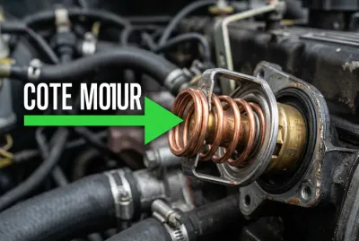 Gros plan sur le ressort cuivré d'un calorstat avec indication du sens de montage côté moteur