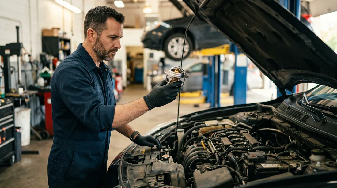 Changement du calorstat de voiture par un mécanicien Mécanicien professionnel tenant un calorstat neuf devant un capot de voiture ouvert