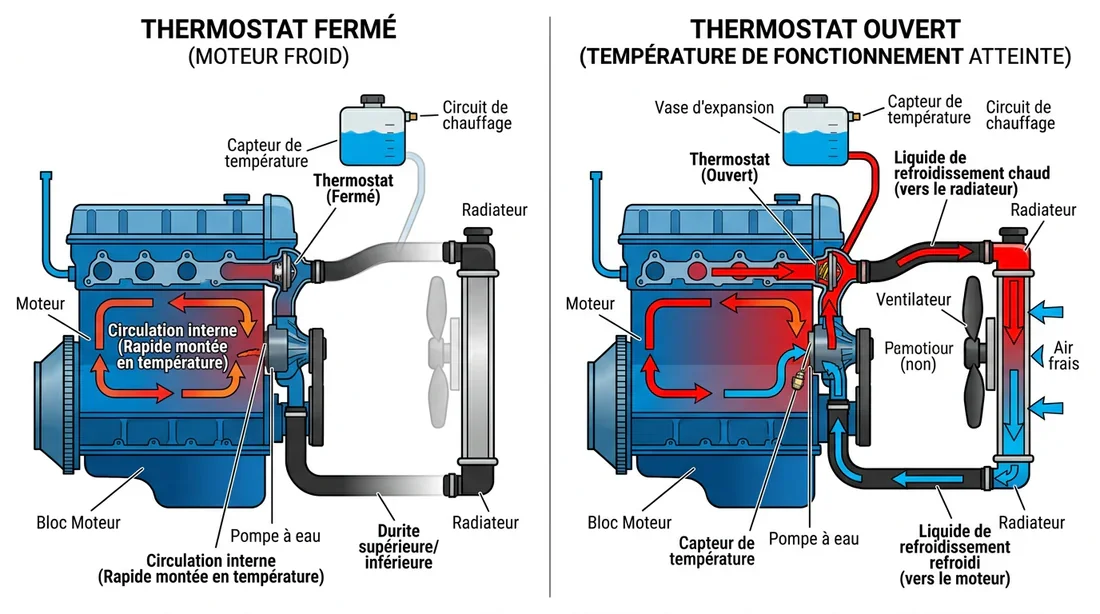 Schéma du fonctionnement du calorstat automobile Schéma explicatif du fonctionnement du calorstat et de la circulation du liquide de refroidissement