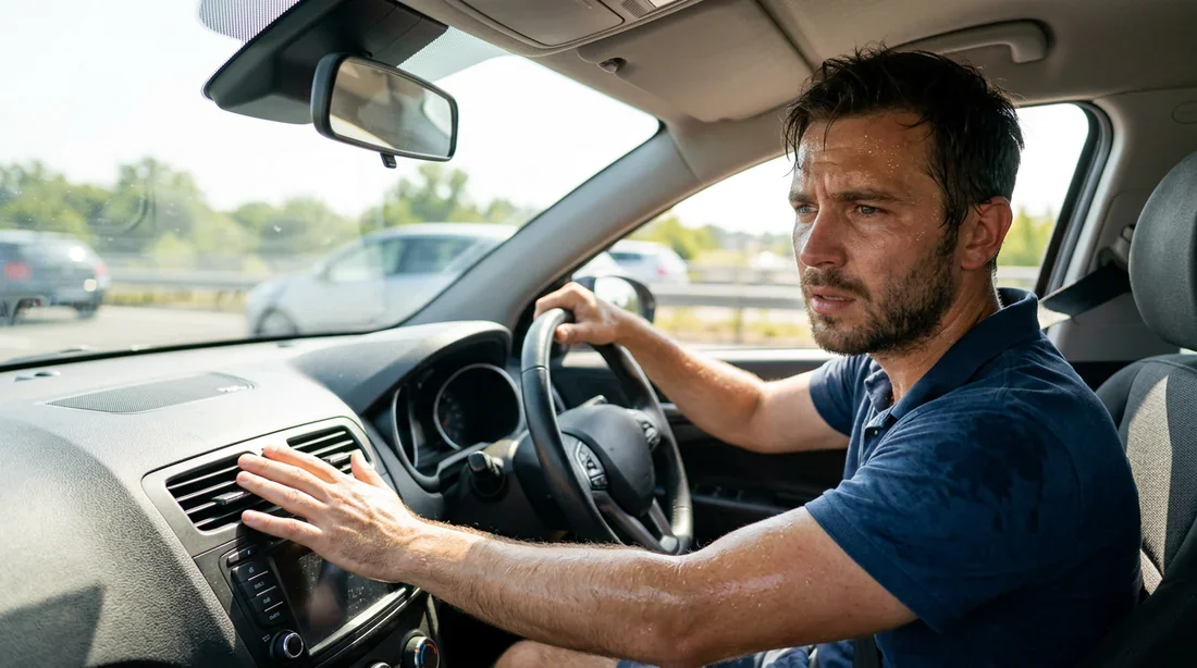 Conducteur souffrant de la chaleur dans sa voiture en panne de climatisation