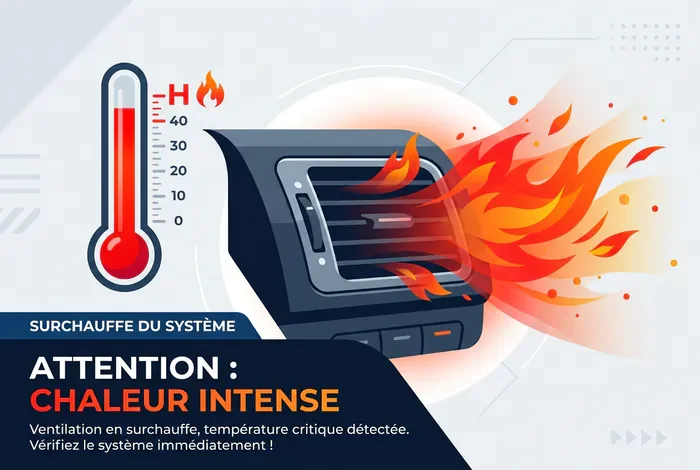 Icône stylisée montrant une climatisation de voiture défectueuse diffusant de l'air chaud