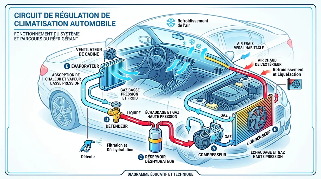 Schéma technique du circuit de réfrigérant dans une climatisation de voiture