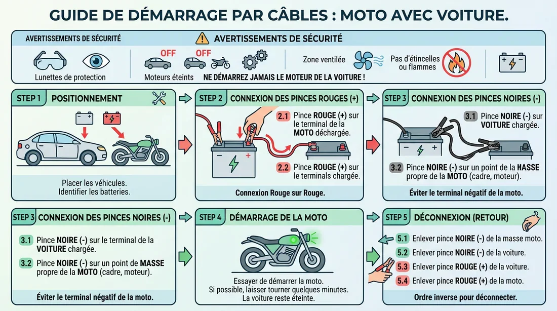 Schéma explicatif pour démarrer une moto avec des câbles