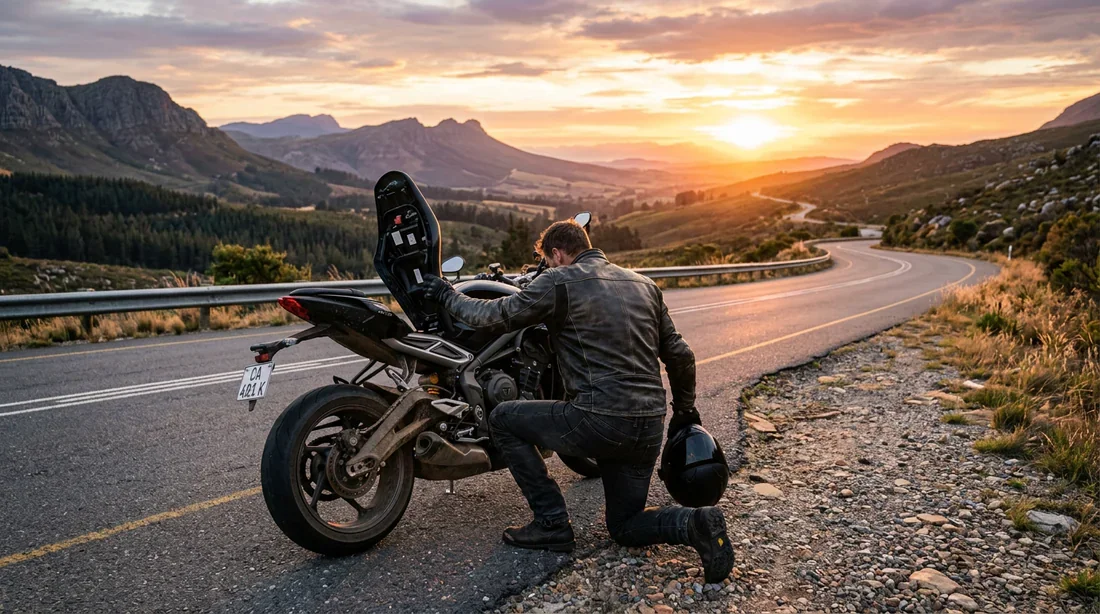 Un motard en panne sur le bord de la route au coucher du soleil