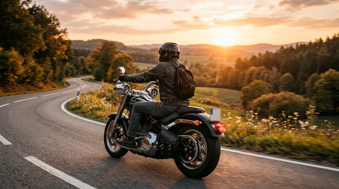 Motard profitant d'un roadtrip en moto avec système audio