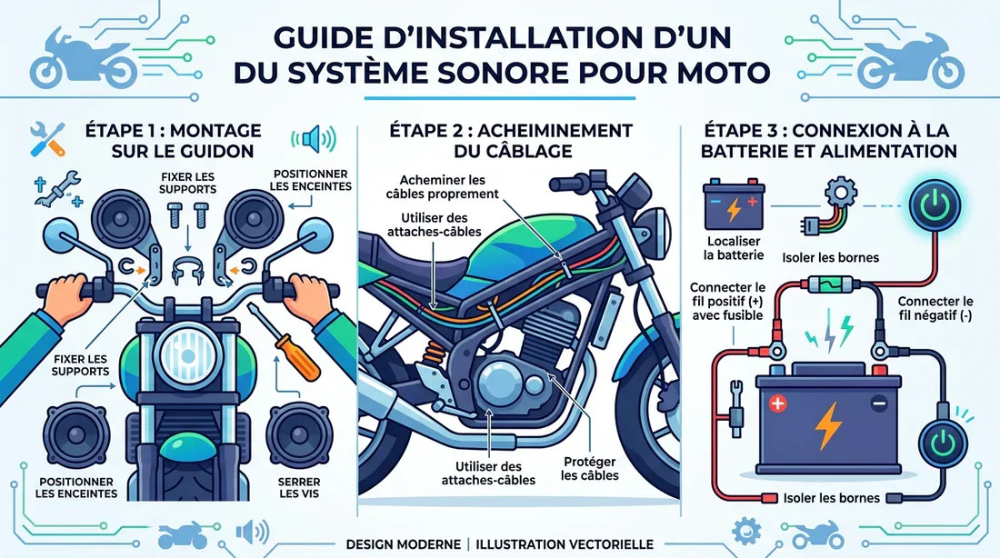 Schéma d'installation d'enceintes sur guidon de moto