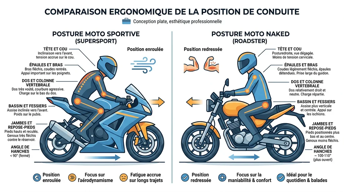 Comparaison ergonomique entre moto sportive et roadster