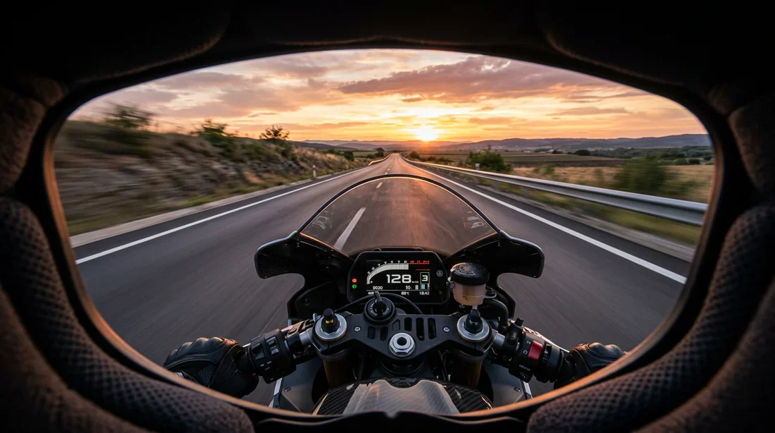 Vue à la première personne depuis un casque de moto sportive sur une route dégagée