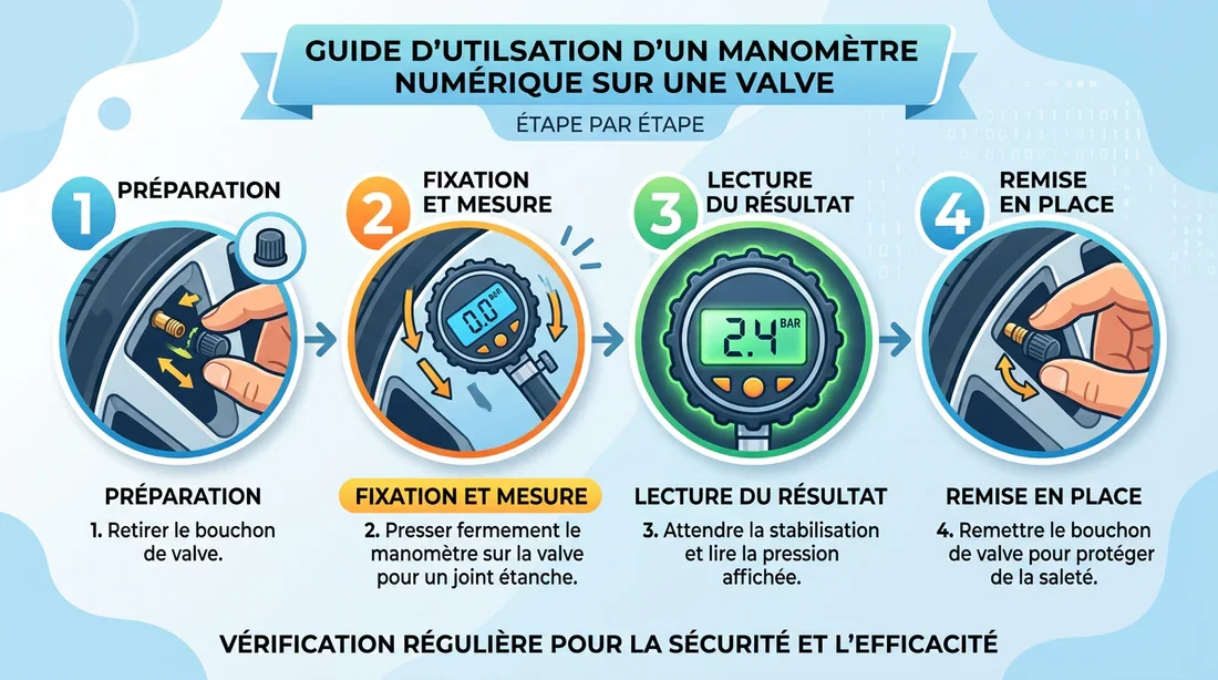 Comment utiliser un manomètre digital sur sa moto Infographie étape par étape pour vérifier la pression des pneus