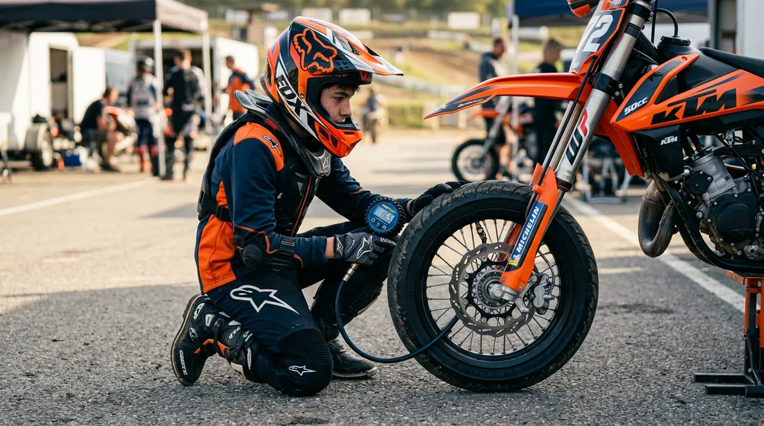 Vérification de la pression des pneus sur un 50cc Jeune motard vérifiant la pression des pneus de sa 50cc